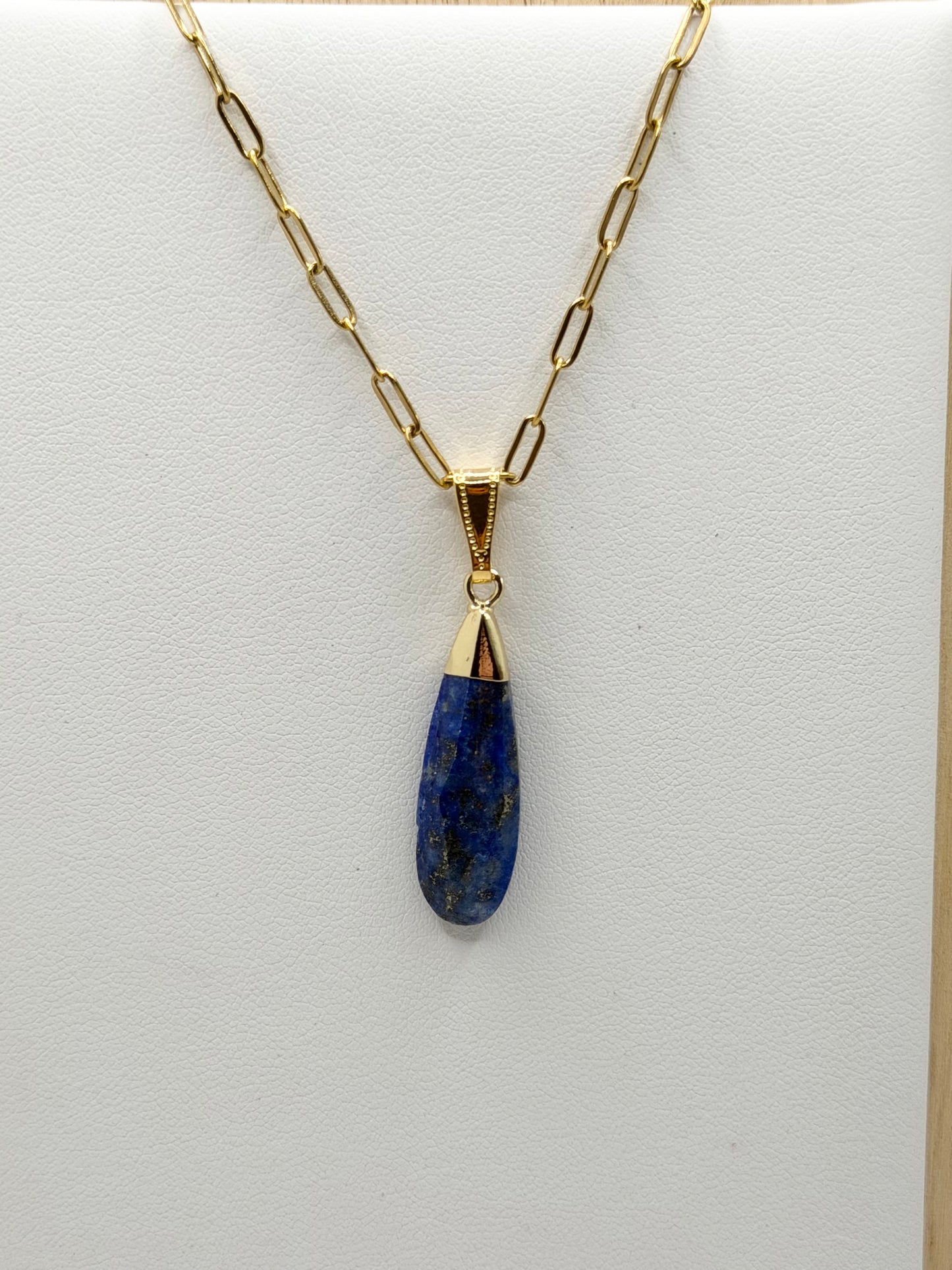 Lapis Teardrop on Paperclip 18” adjustable chain
