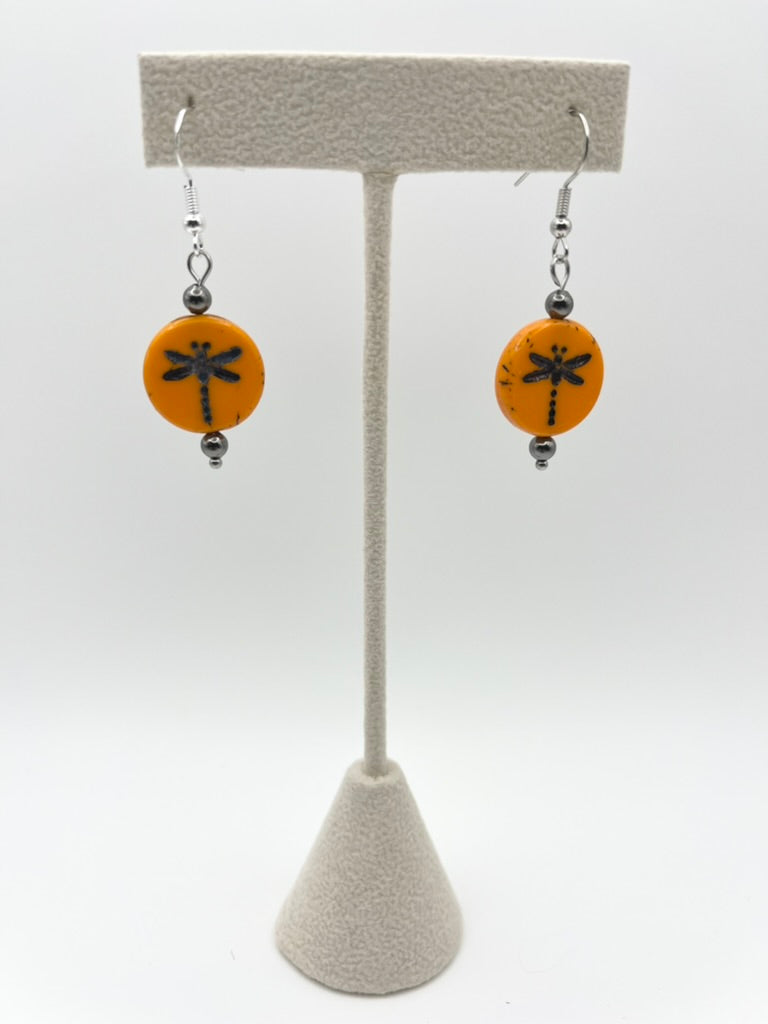 Dragonfly Czech Glass Coin Earrings