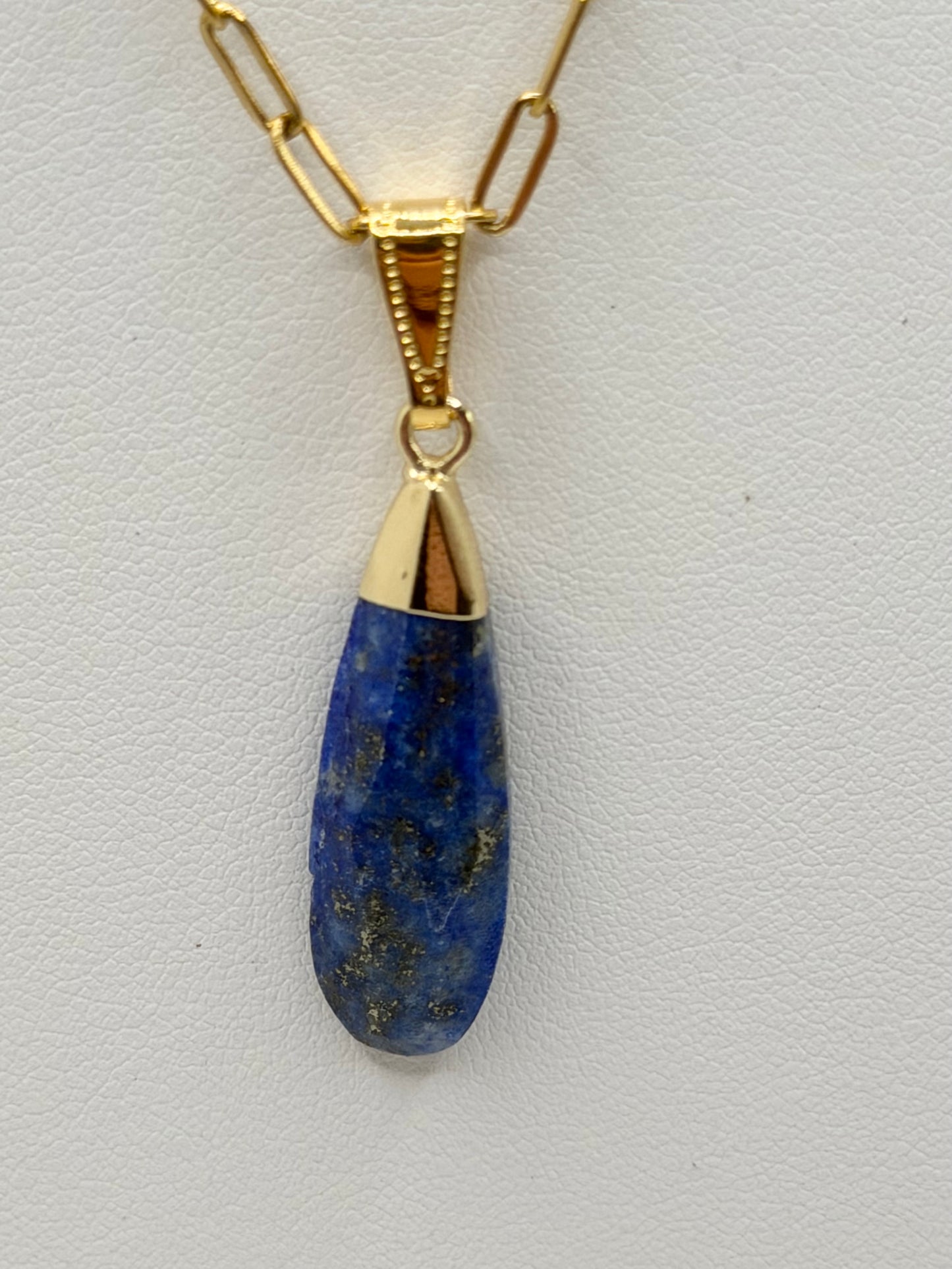 Lapis Teardrop on Paperclip 18” adjustable chain