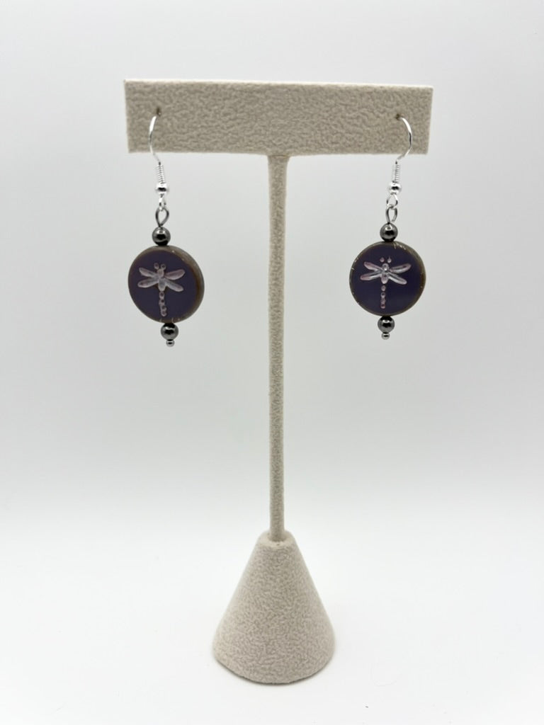 Dragonfly Czech Glass Coin Earrings