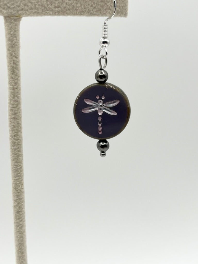 Dragonfly Czech Glass Coin Earrings
