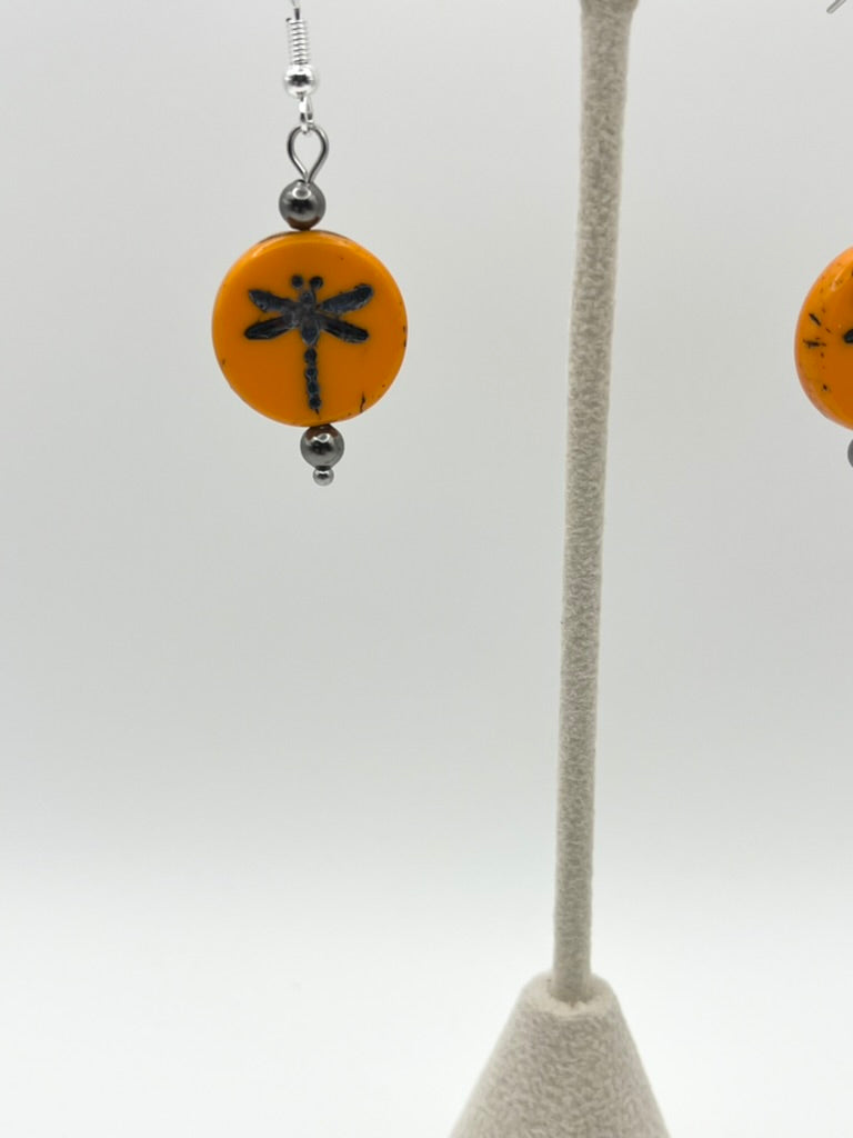 Dragonfly Czech Glass Coin Earrings
