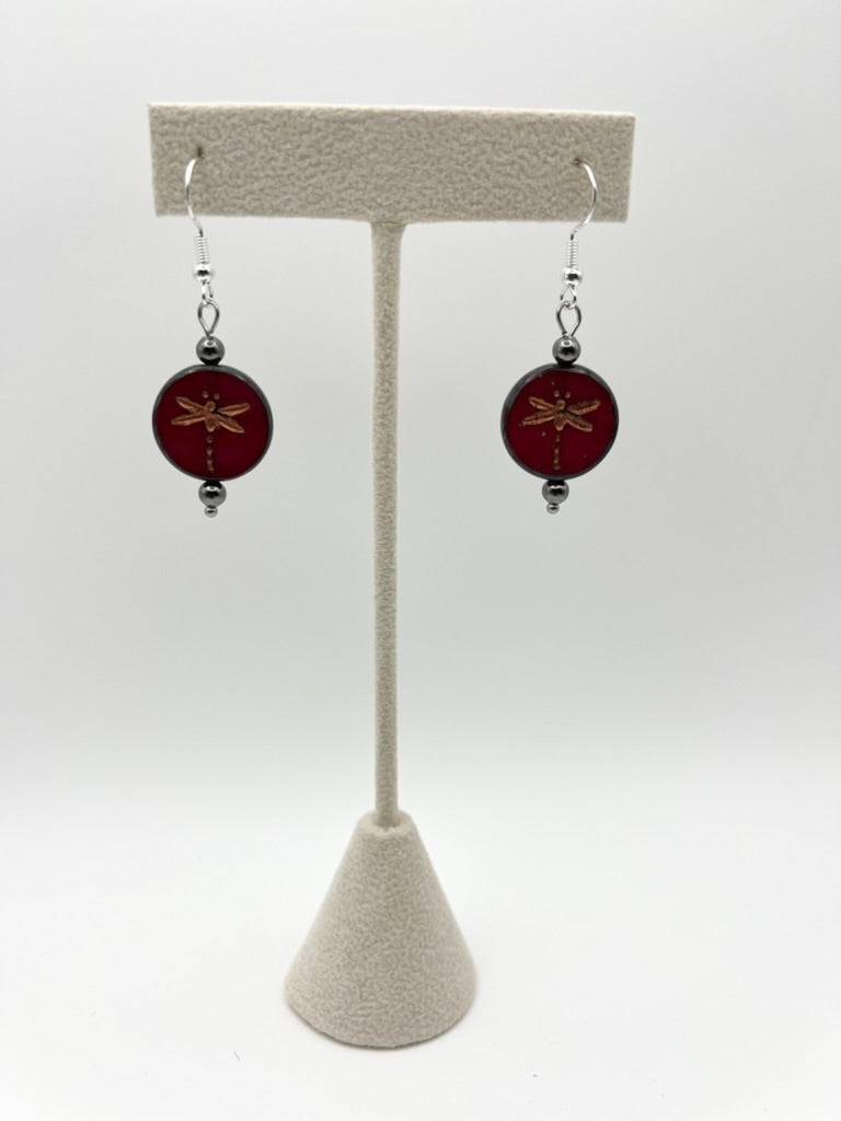 Dragonfly Czech Glass Coin Earrings