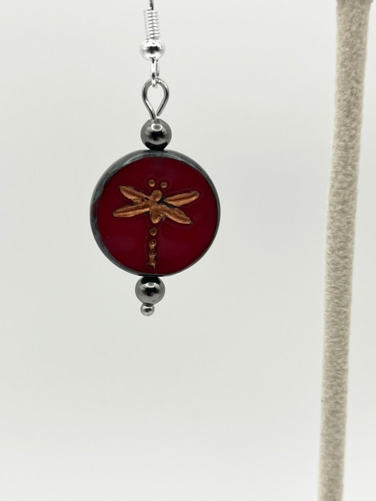 Dragonfly Czech Glass Coin Earrings