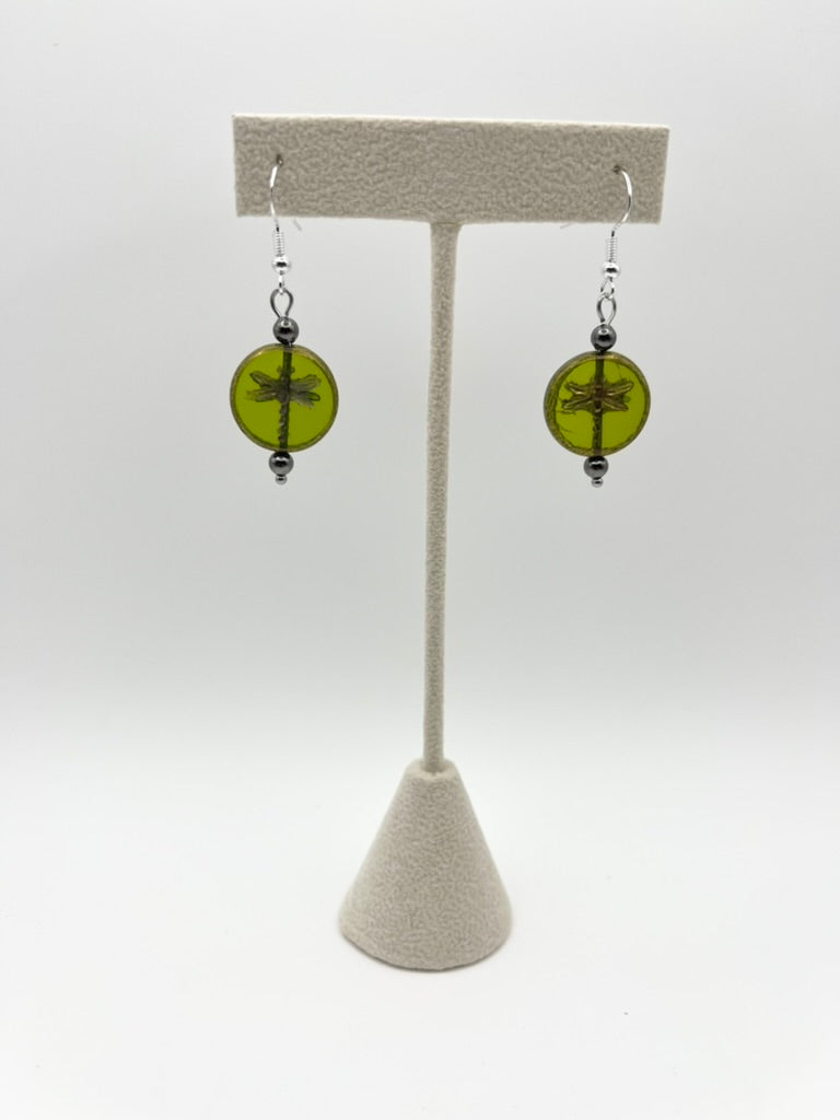 Dragonfly Czech Glass Coin Earrings