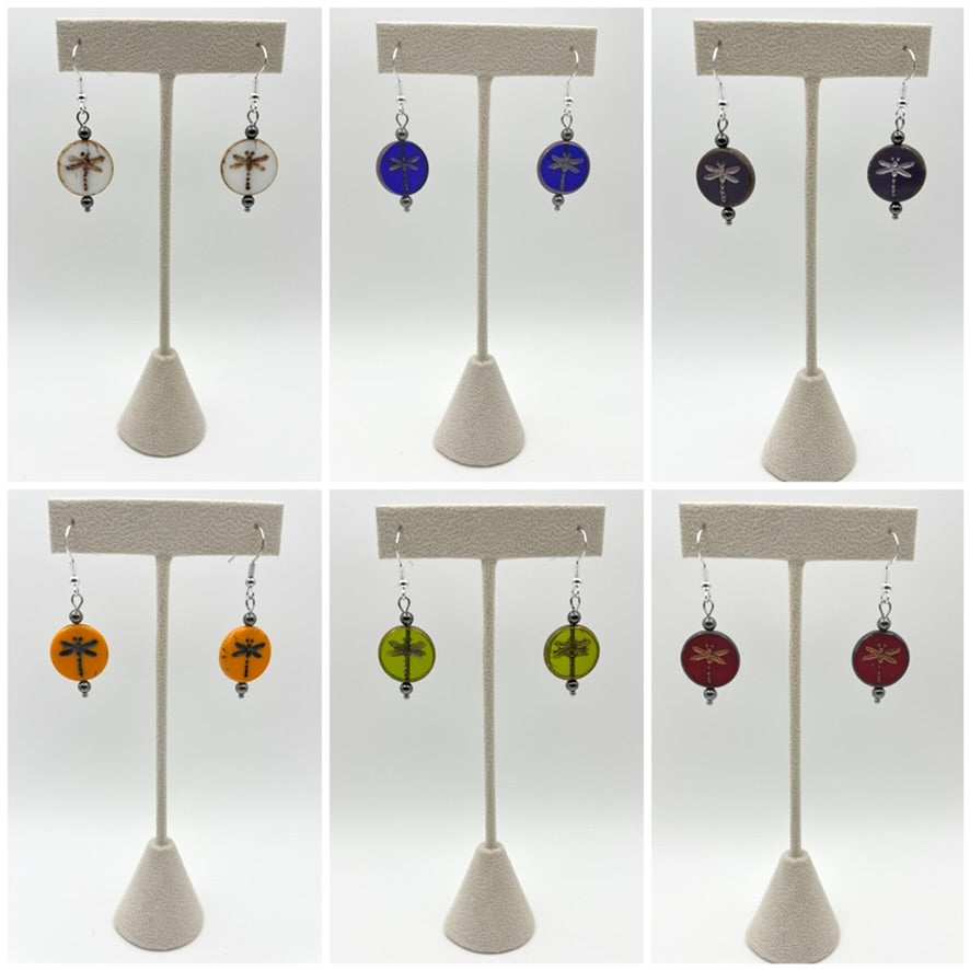 Dragonfly Czech Glass Coin Earrings